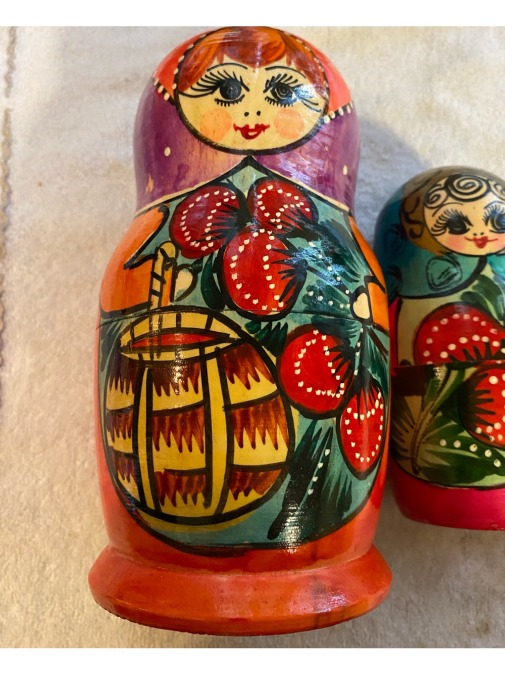 Hand-Painted Russian 7 Nesting Dolls Matryoshka Set - Red & Teal Floral